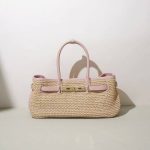 Elegant Woven Straw Tote Bag with Pink Leather - Image 3